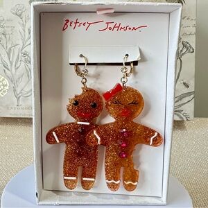 Betsy Johnson Gingerbread Man & Woman Large Dangle Glitter Holiday Earrings